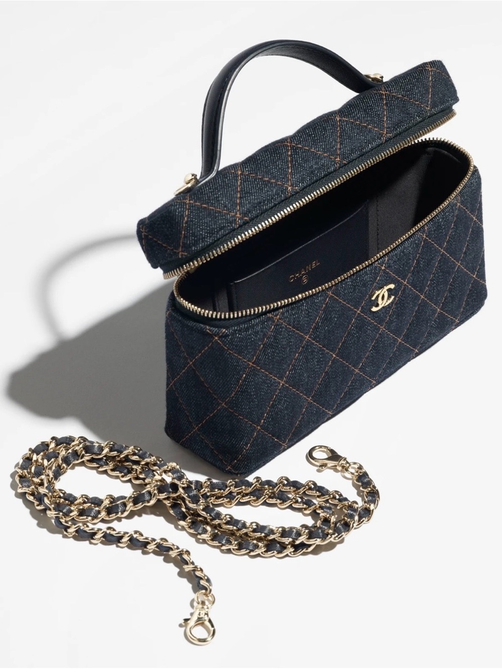 CHANEL Dark Denim Quilted Vanity Crossbody with Gold Chain